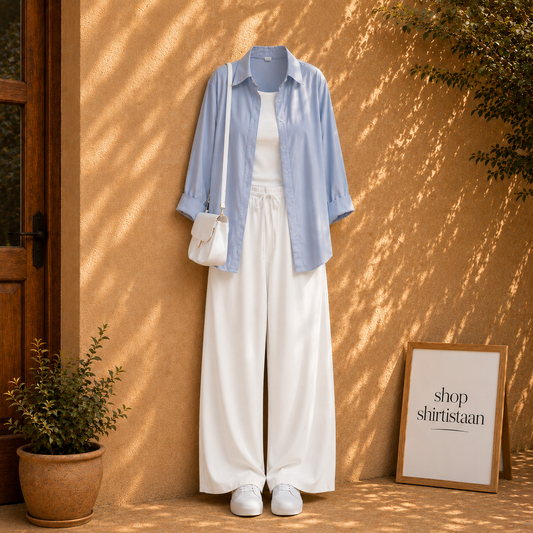 Sky Blue Button Down Shirt With White Tank top and White Flapper