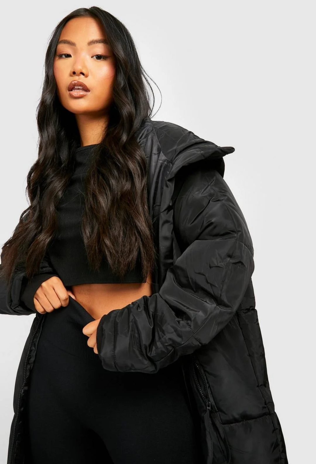 BLACK HOOD LONGLINE PUFFER JACKET