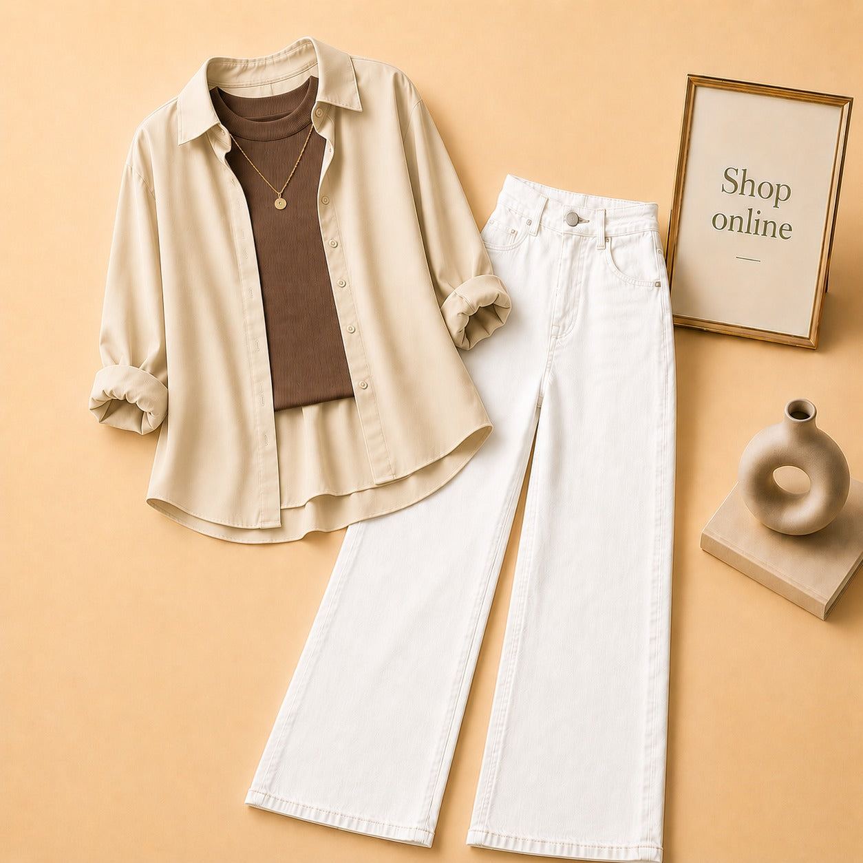 Beige Button Down Shirt with Brown Tank top and White Wide Leg Jeans