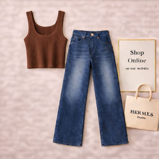 Brown Tanktop with Mid blue wide Leg Jeans