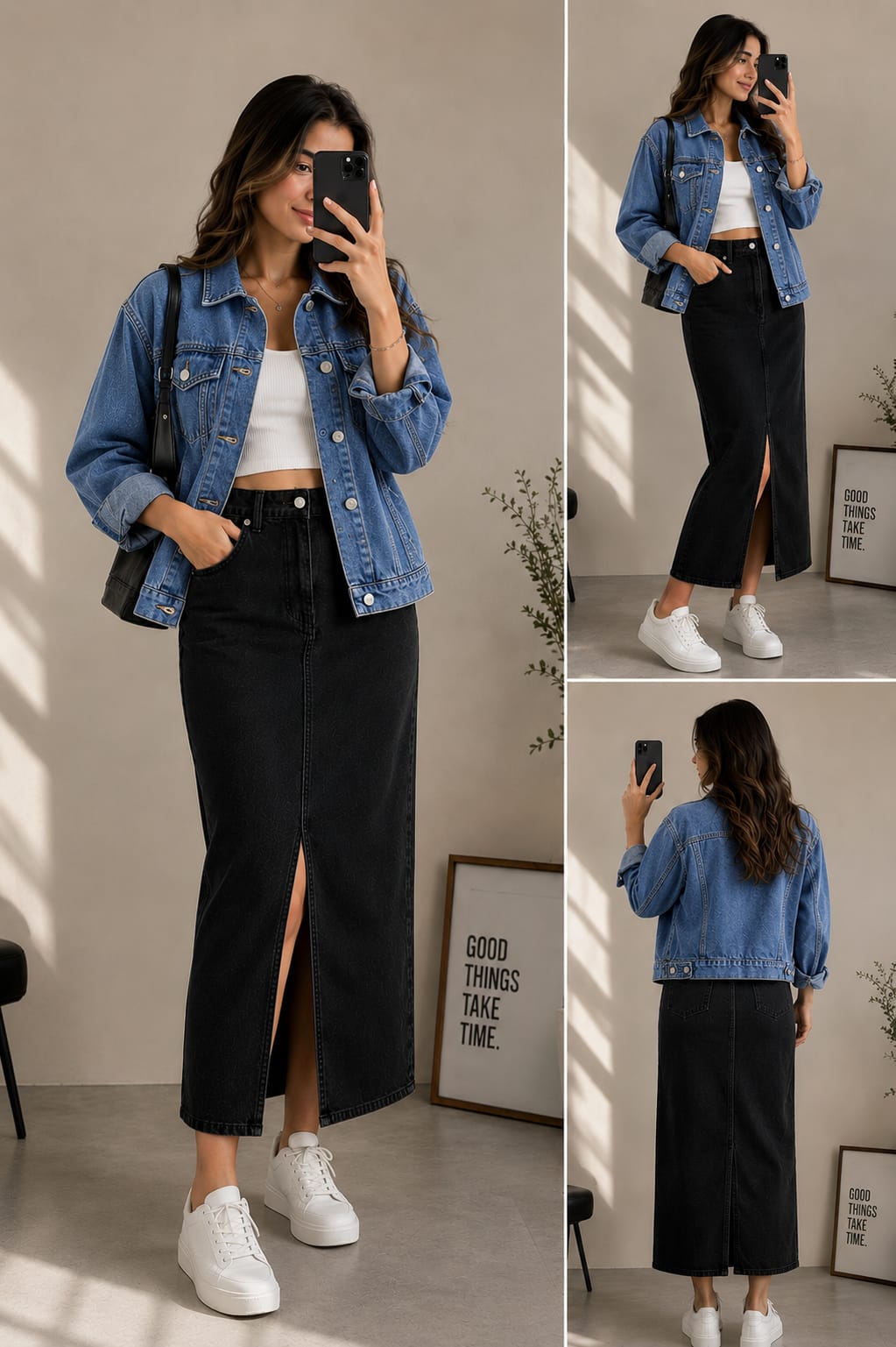 Mid Blue Denim Jacket With Black Denim Skirt