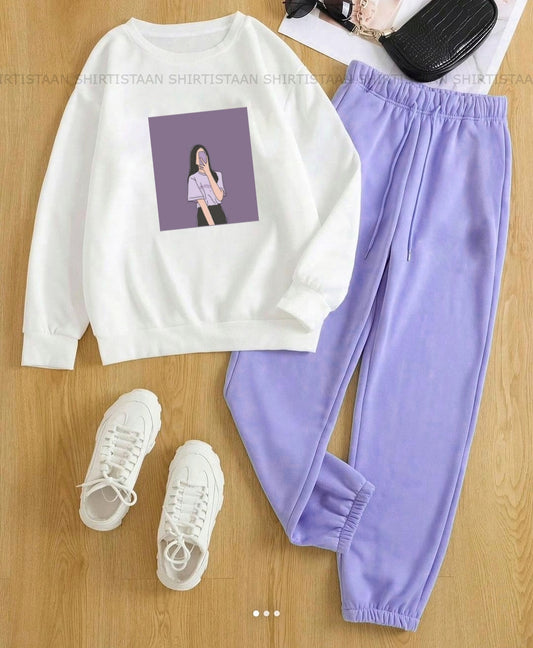 PURPLE BACKGROUND GIRL WHITE SWEATSHIRT WITH LILAC SWEATPANTS