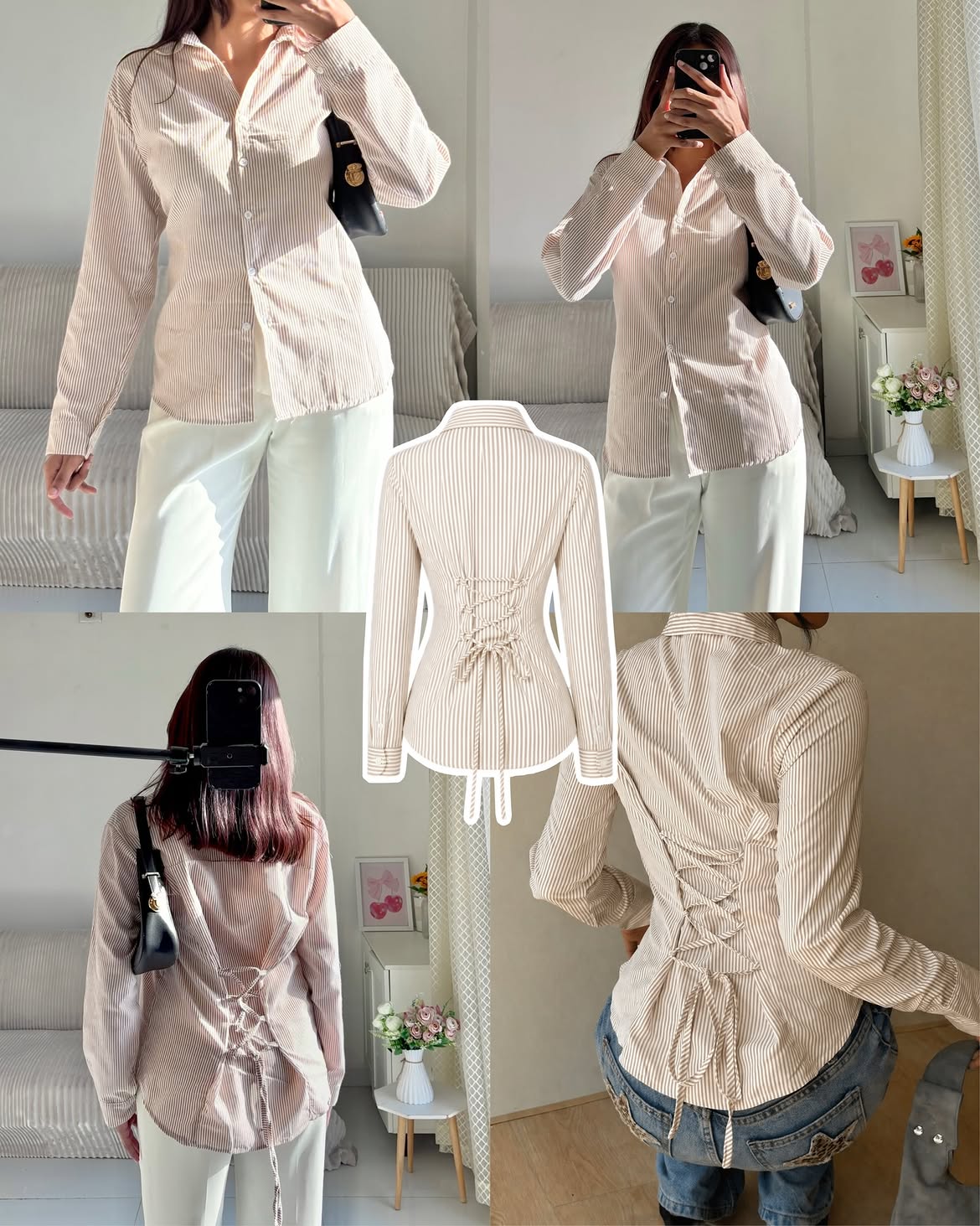 Cream n White Corset Lace-Up Back Stripe Shirt