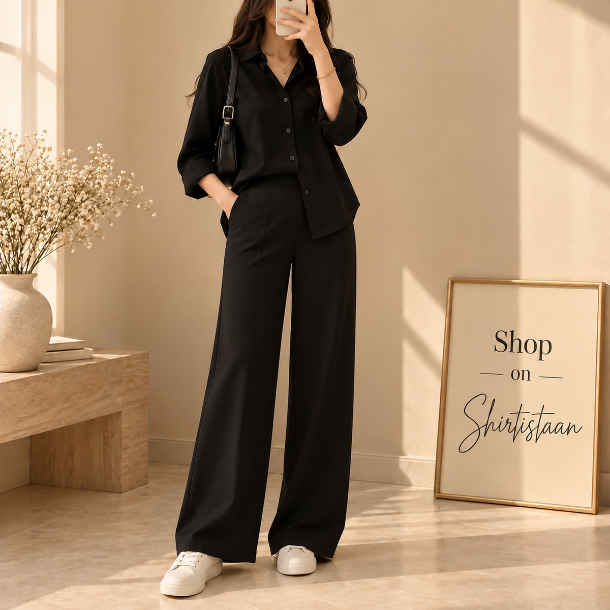 BLACK BUTTON DOWN SHIRT WITH BLACK FLAPPER