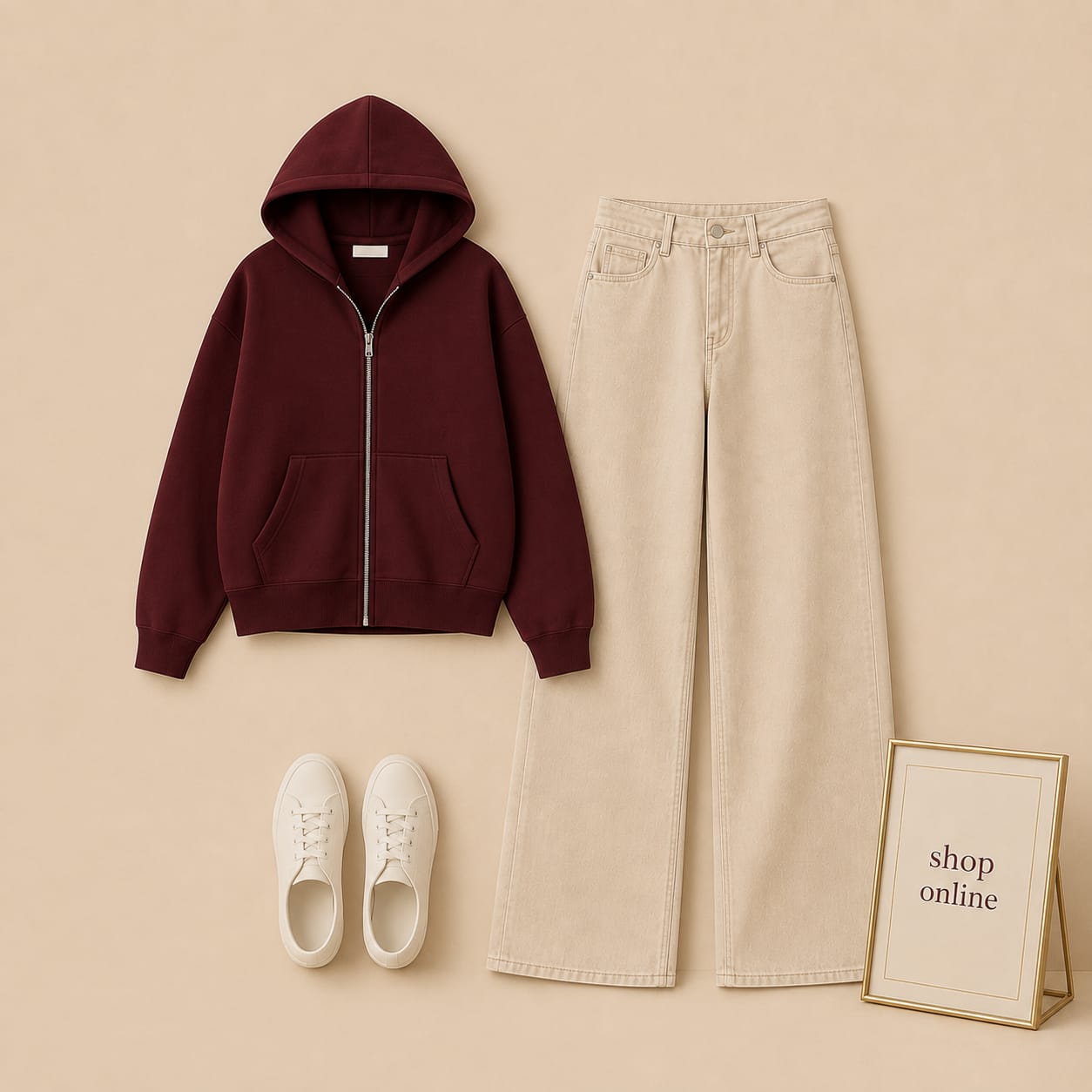 Maroon Zipper with Beige Wide Leg Jeans
