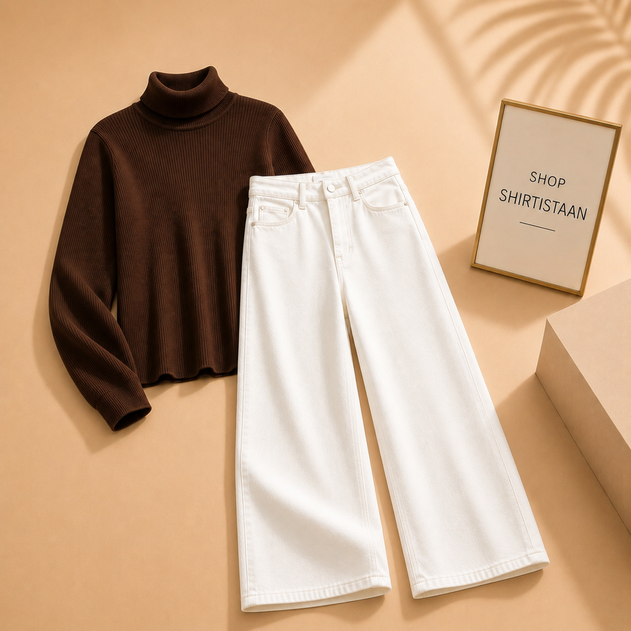 Brown Ribknit High Neck with White Wide Leg Jeans