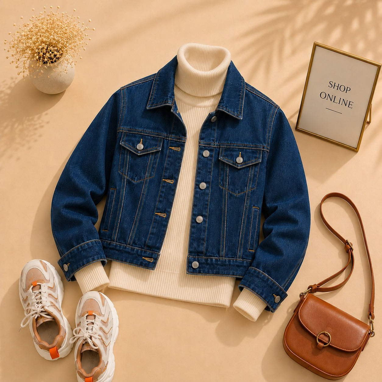 Dark Blue Denim Jacket With Beige Ribknit High Neck