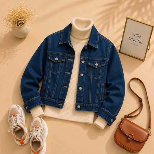 Dark Blue Denim Jacket With Beige Ribknit High Neck