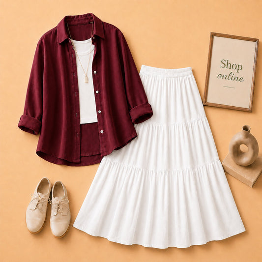 Maroon Button Down Shirt with White Tanktop & 3 Tire White Skirt
