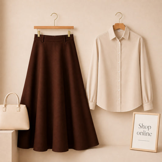 Cream Button Down Shirt with Brown Cotton Twill Skirt