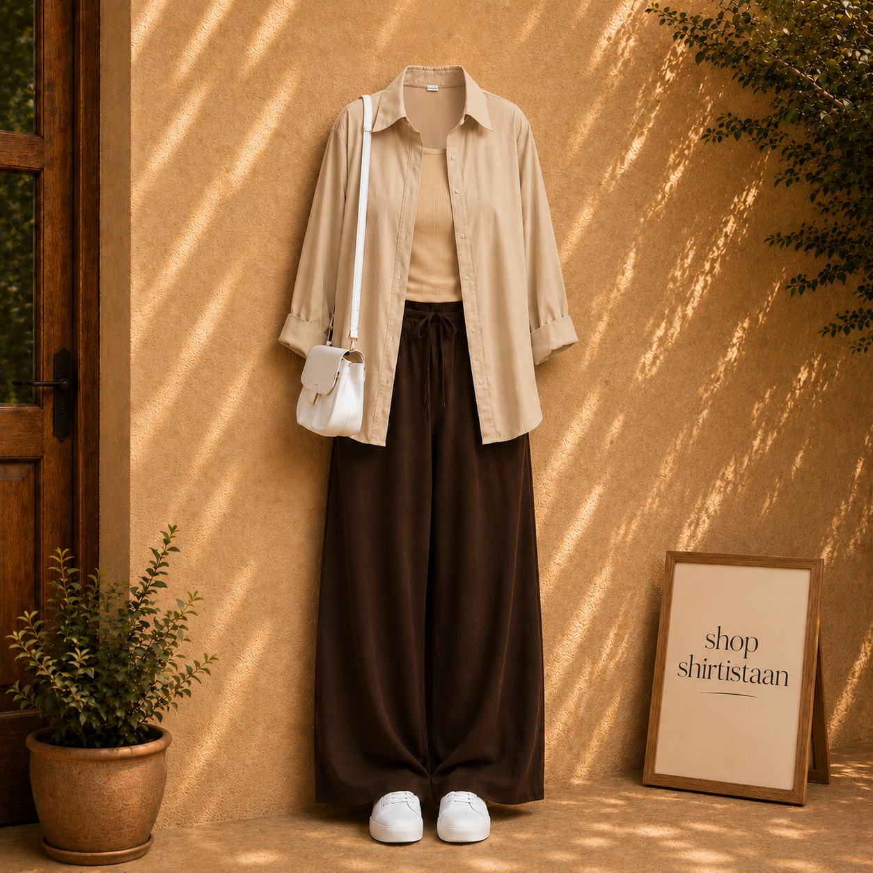 Beige Button Down Shirt With Beige Tank top and Brown Flapper