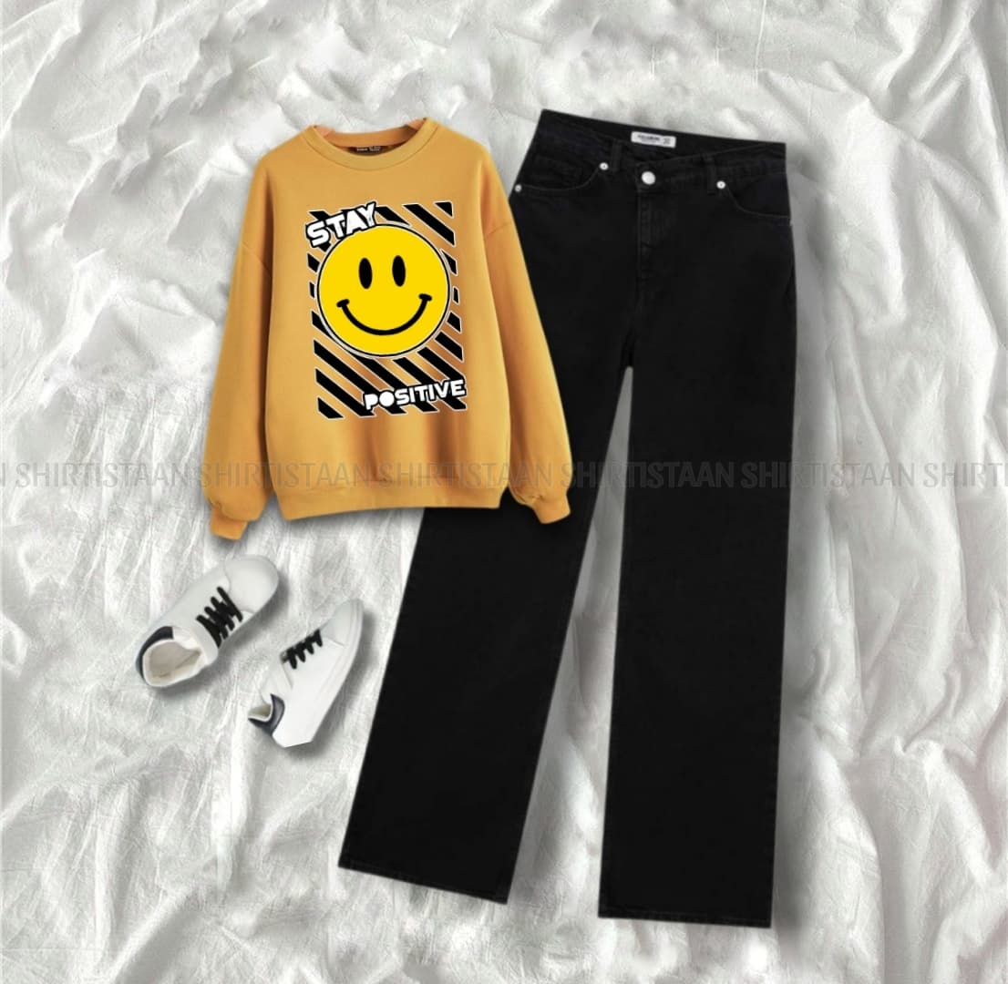 YELLOW SWEATSHIRT STAY POSITIVE WITH BLACK WIDE LEG JEANS