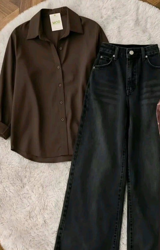 Brown Button Down Shirt with Black  Wide Leg Jeans