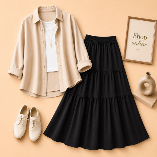 Beige Button Down Shirt with White Tanktop & 3 Tire Black Skirt