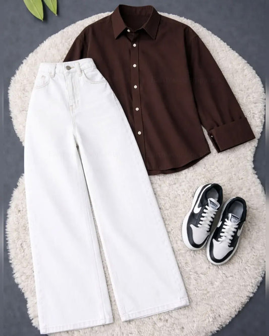Brown Button Down Shirt with white Wide Leg Jeans
