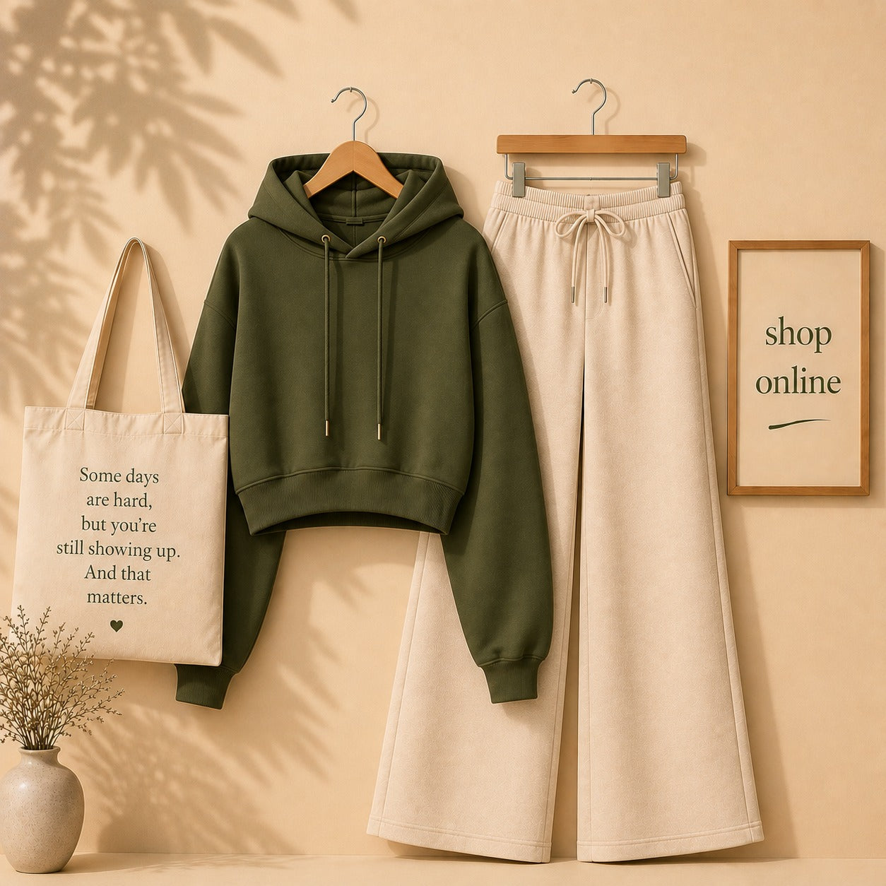 Basic Olive Green Crop Hoodie with Beige Flapper