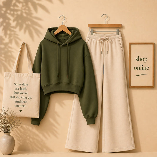 Basic Olive Green Crop Hoodie with Beige Flapper