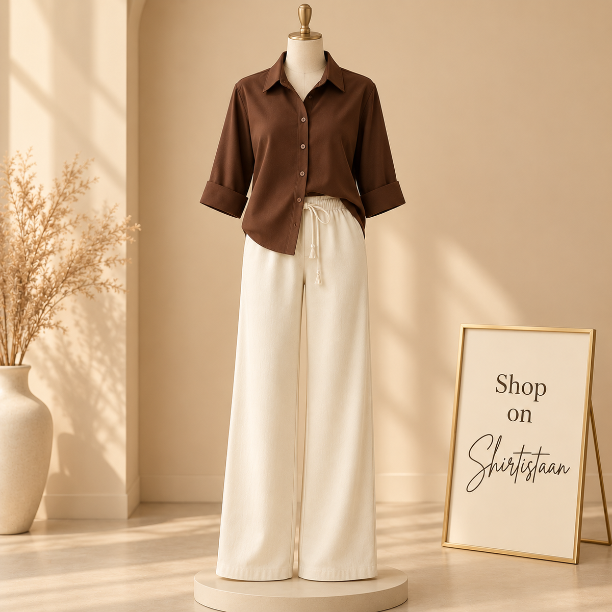 BROWN BUTTON DOWN SHIRT WITH BEIGE FLAPPER
