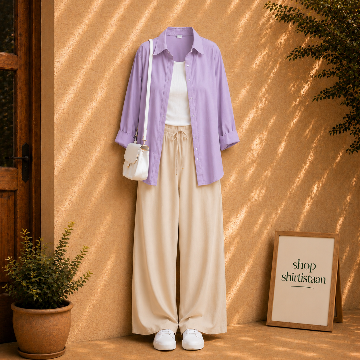 Lilac Button Down Shirt With White Tank top & Beige Flapper