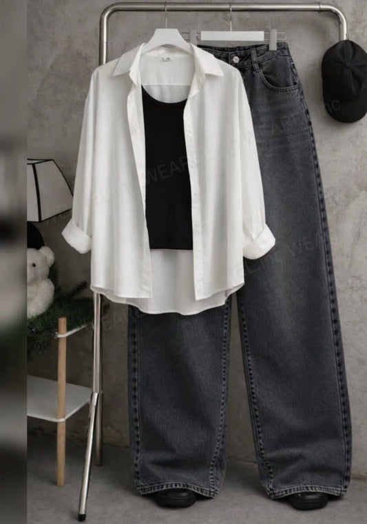 White Button Down Shirt with Black Tee & Black  Wide Leg Jeans