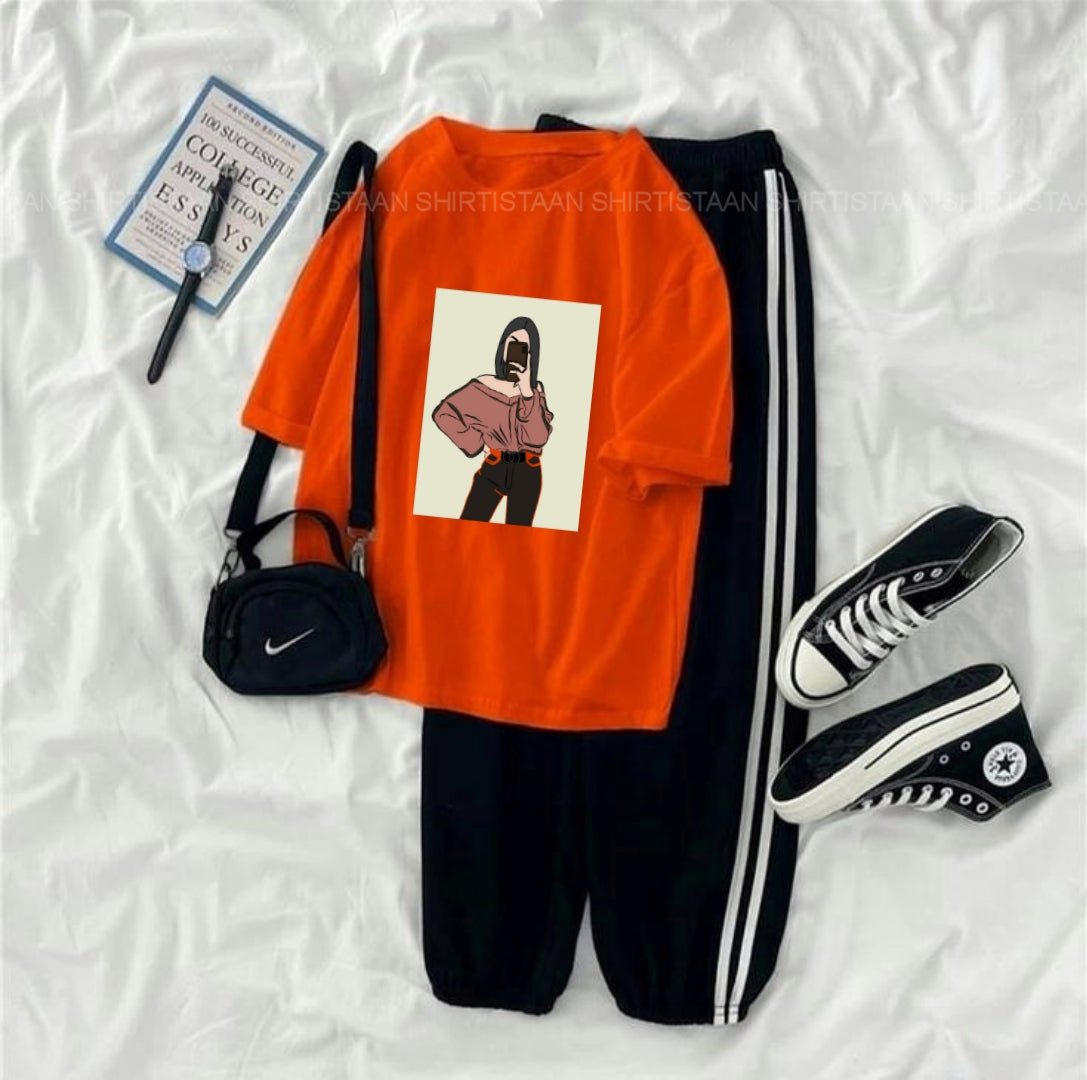 ORANGE TEE OFF SHOULDER GIRL WITH 3 STRIPES TROUSER