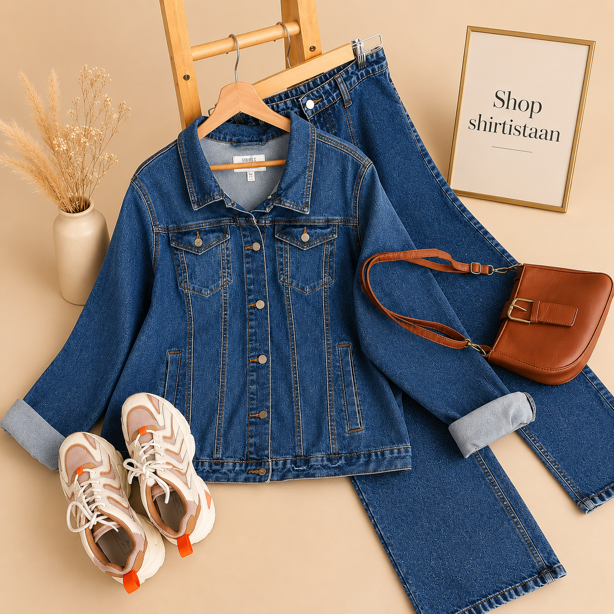 Basic Dark Blue Denim Jacket with Beige Wide leg Jeans