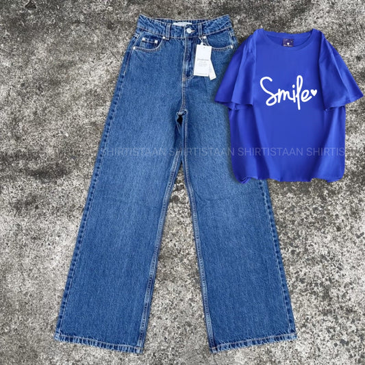 MID BLUE WIDE LEG JEANS WITH ROYAL BLUE TEE SMILE HEART