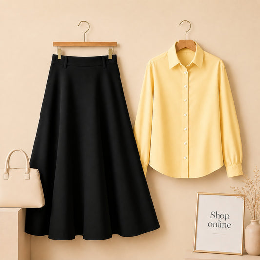Yellow Button Down Shirt with Black Cotton Twill Skirt