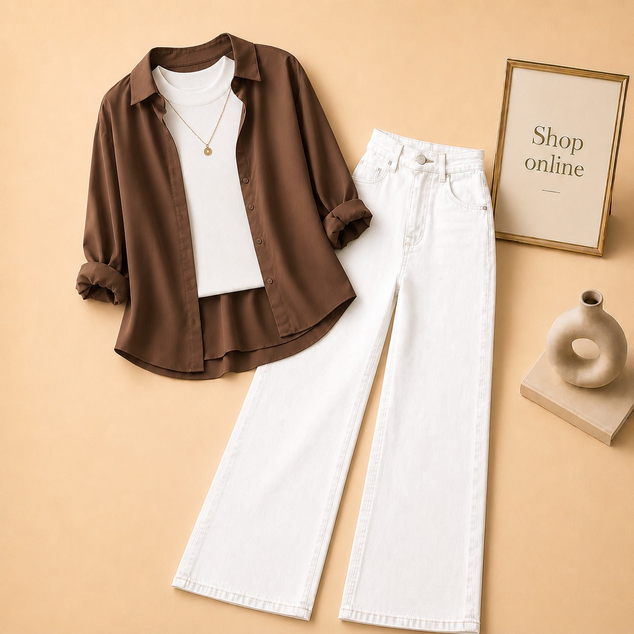 Brown Button Down Shirt with White Tank top and White Wide Leg Jeans