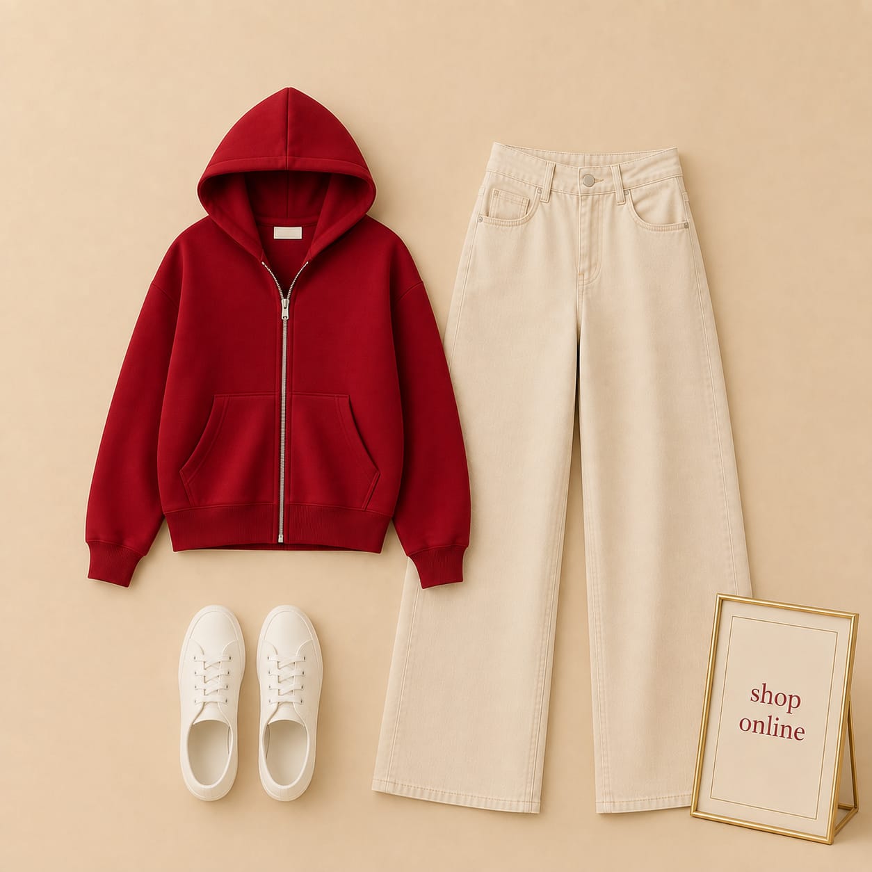 Red Zipper with Beige Wide Leg Jeans