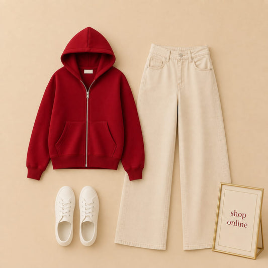 Red Zipper with Beige Wide Leg Jeans
