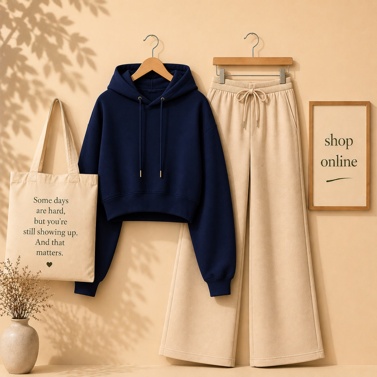 Basic Navy Blue Crop Hoodie with Beige Flapper