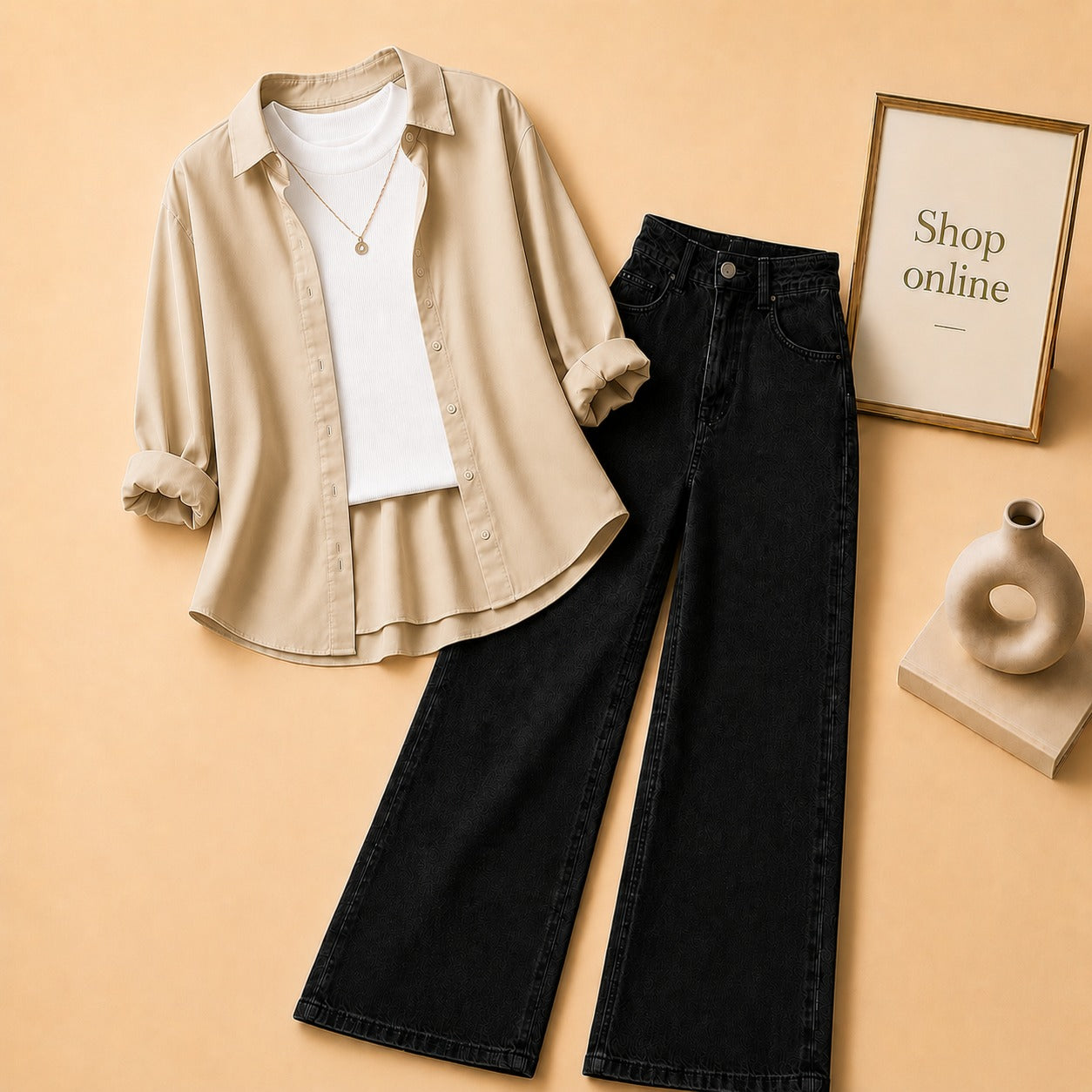 Beige Button Down Shirt with White Tank top and Black Wide Leg Jeans