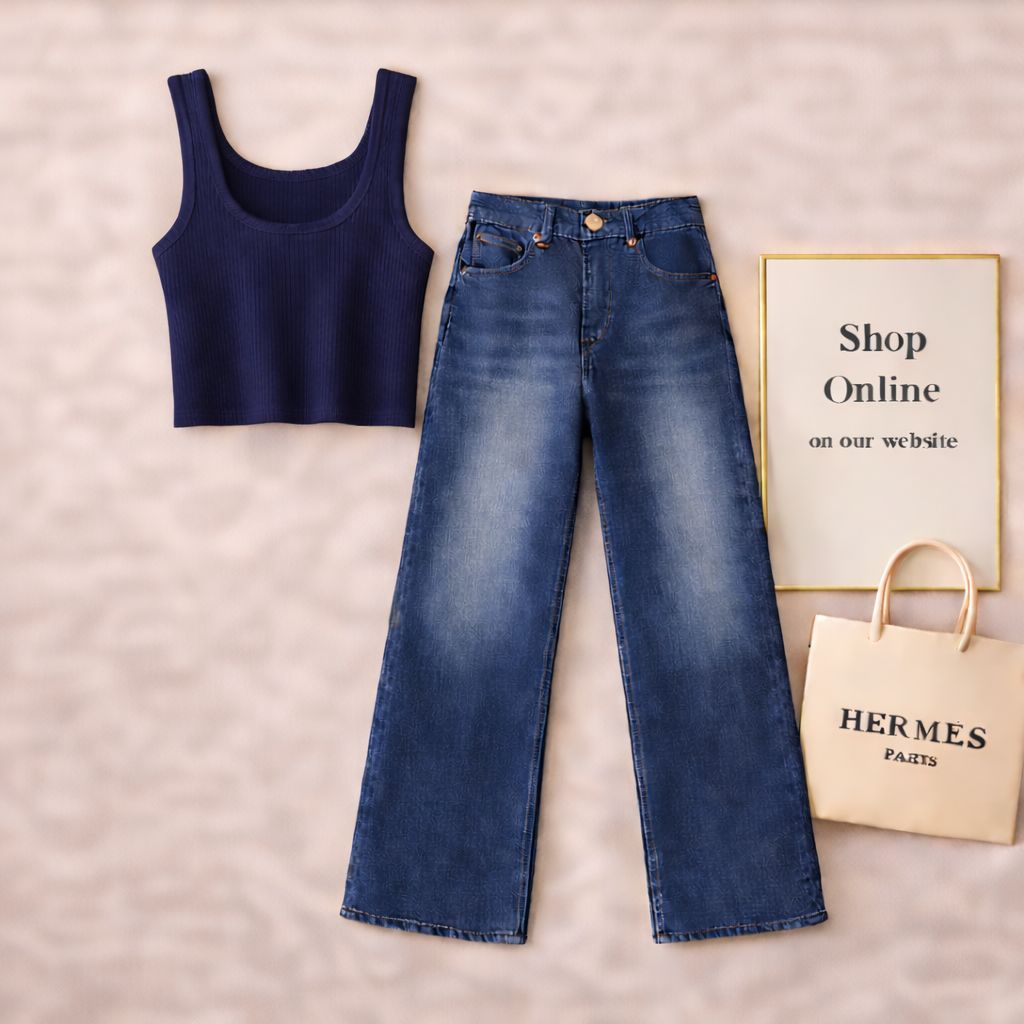 Navy Blue Tanktop with Mid blue wide Leg Jeans