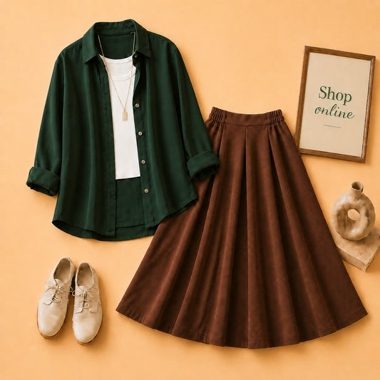 Bottle Green  Button Down Shirt with White Tanktop & Brown Twill Skirt