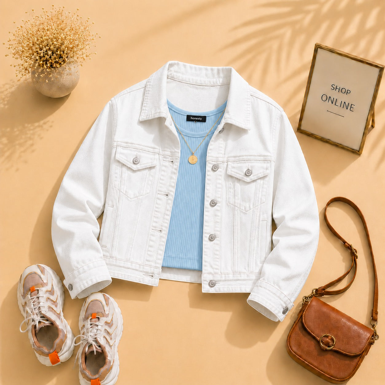 White Denim Jacket with Sky Blue Tanktop