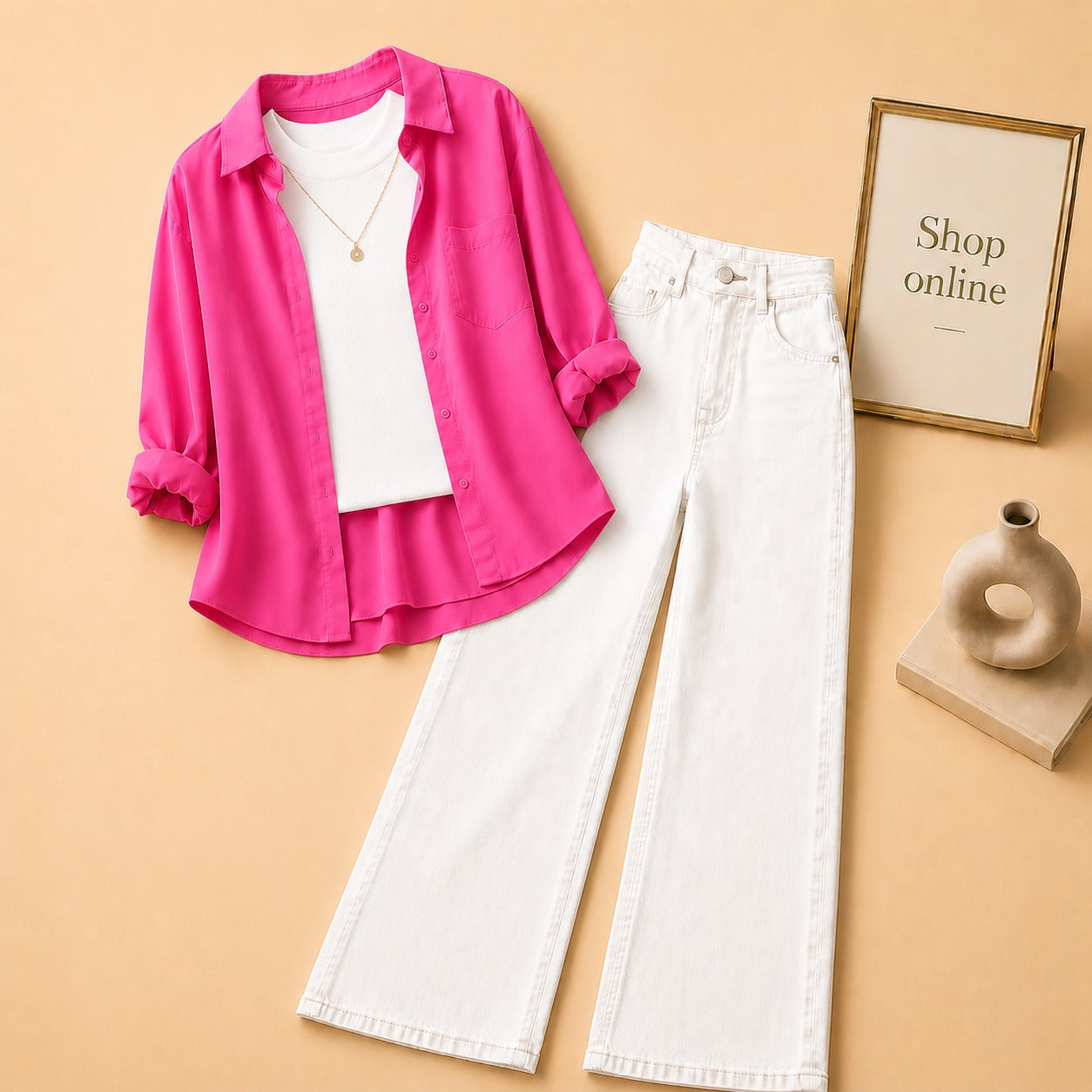 Hot Pink Button Down Shirt with White Tank top and White Wide Leg Jeans