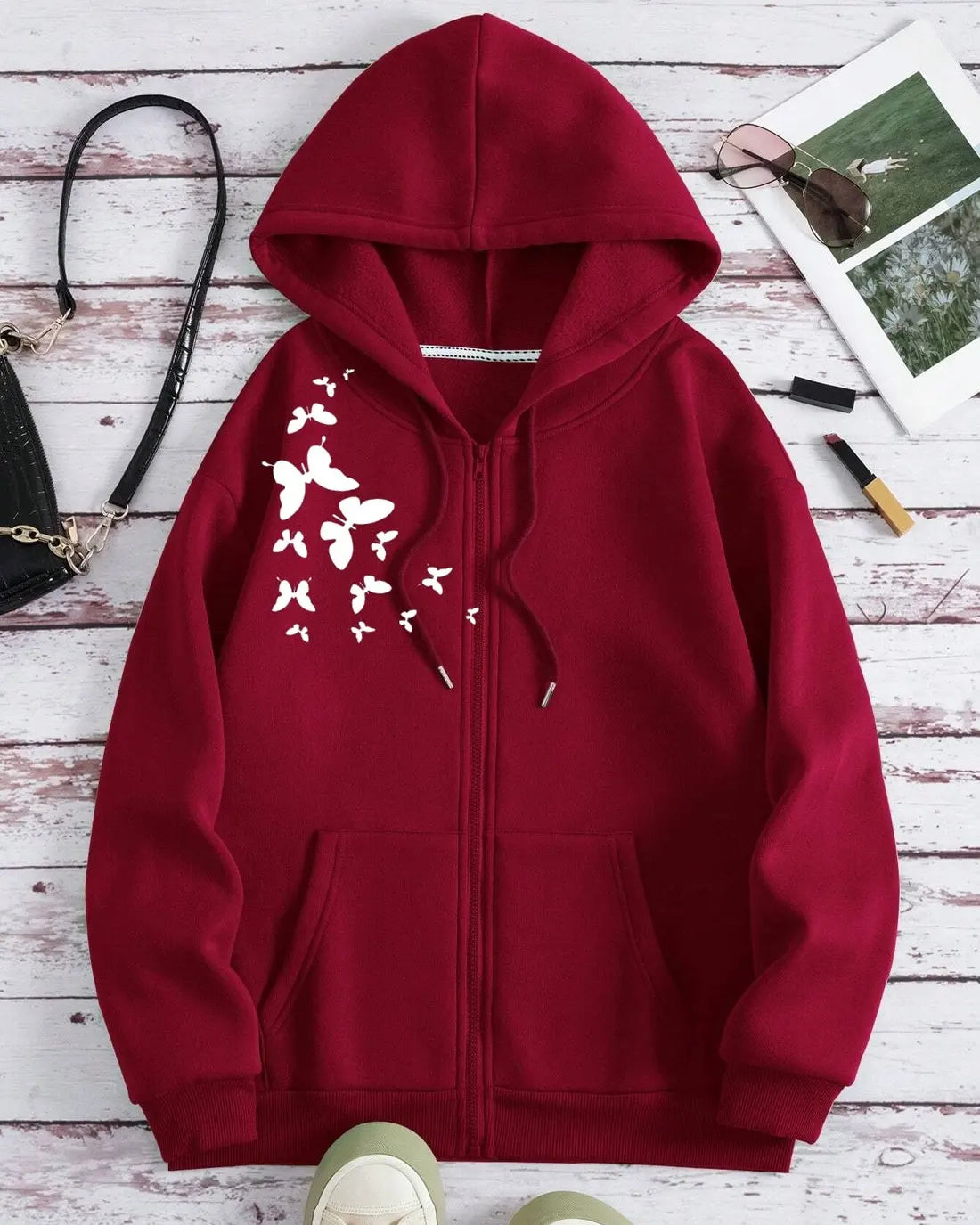 MAROON ZIPPER HOOD SHOULDER BUTTERFLY