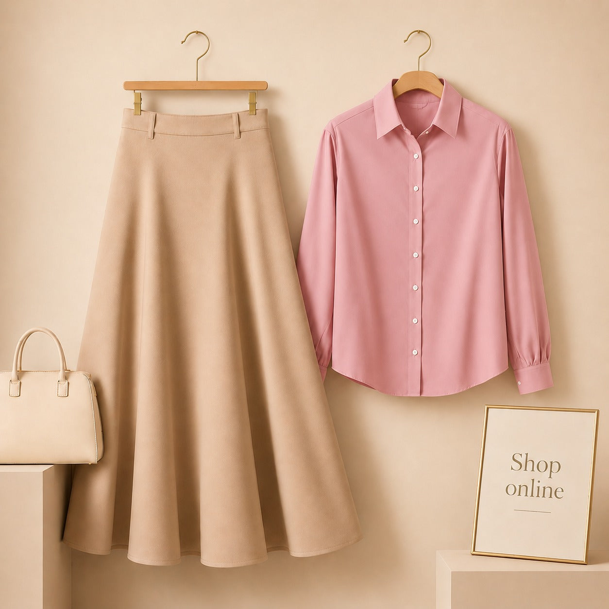 Pink Button Down Shirt with Beige Cotton Twill Skirt