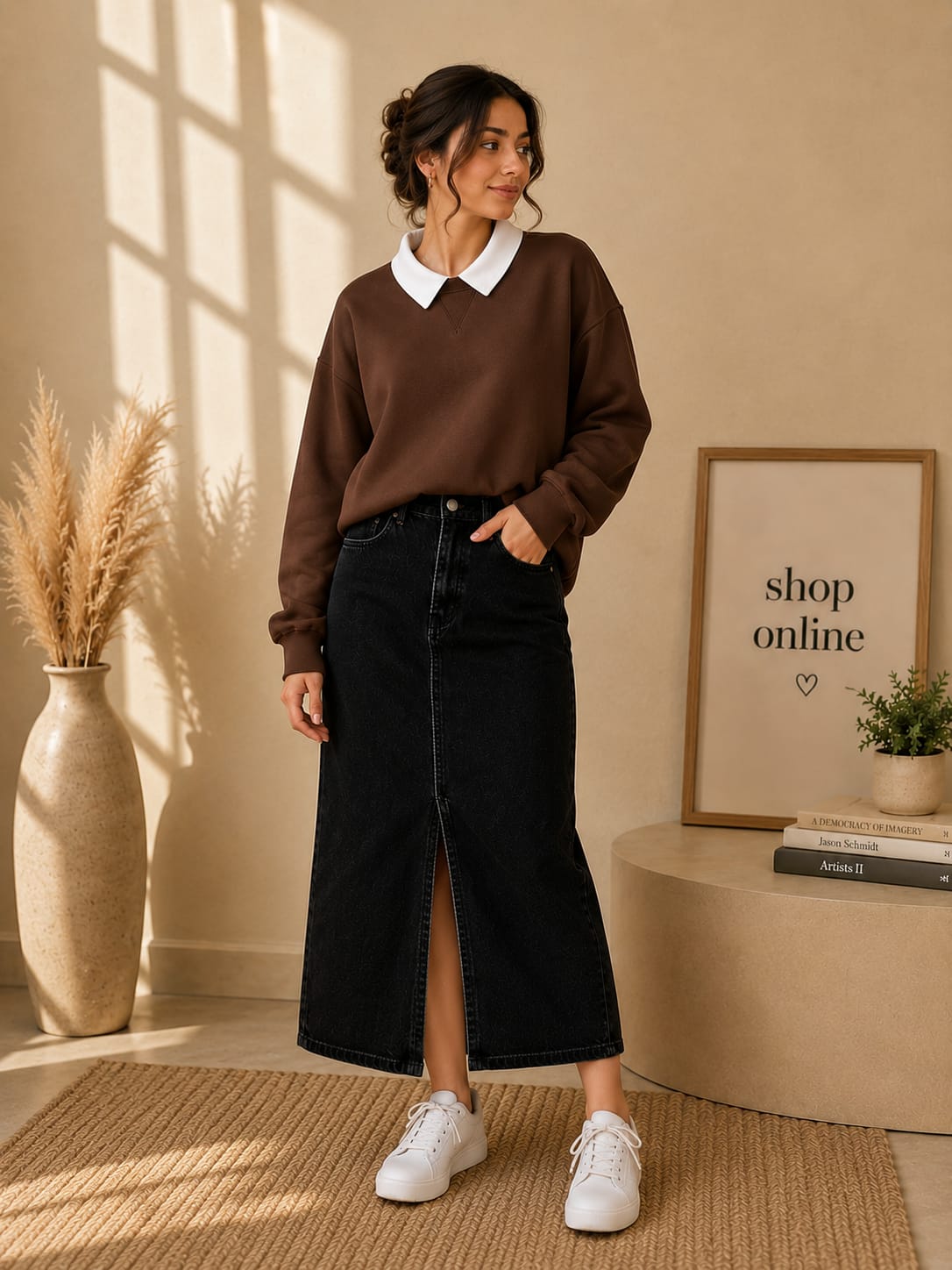 BROWN COLLAR SWEATSHIRT WITH BLACK DENIM SKIRT