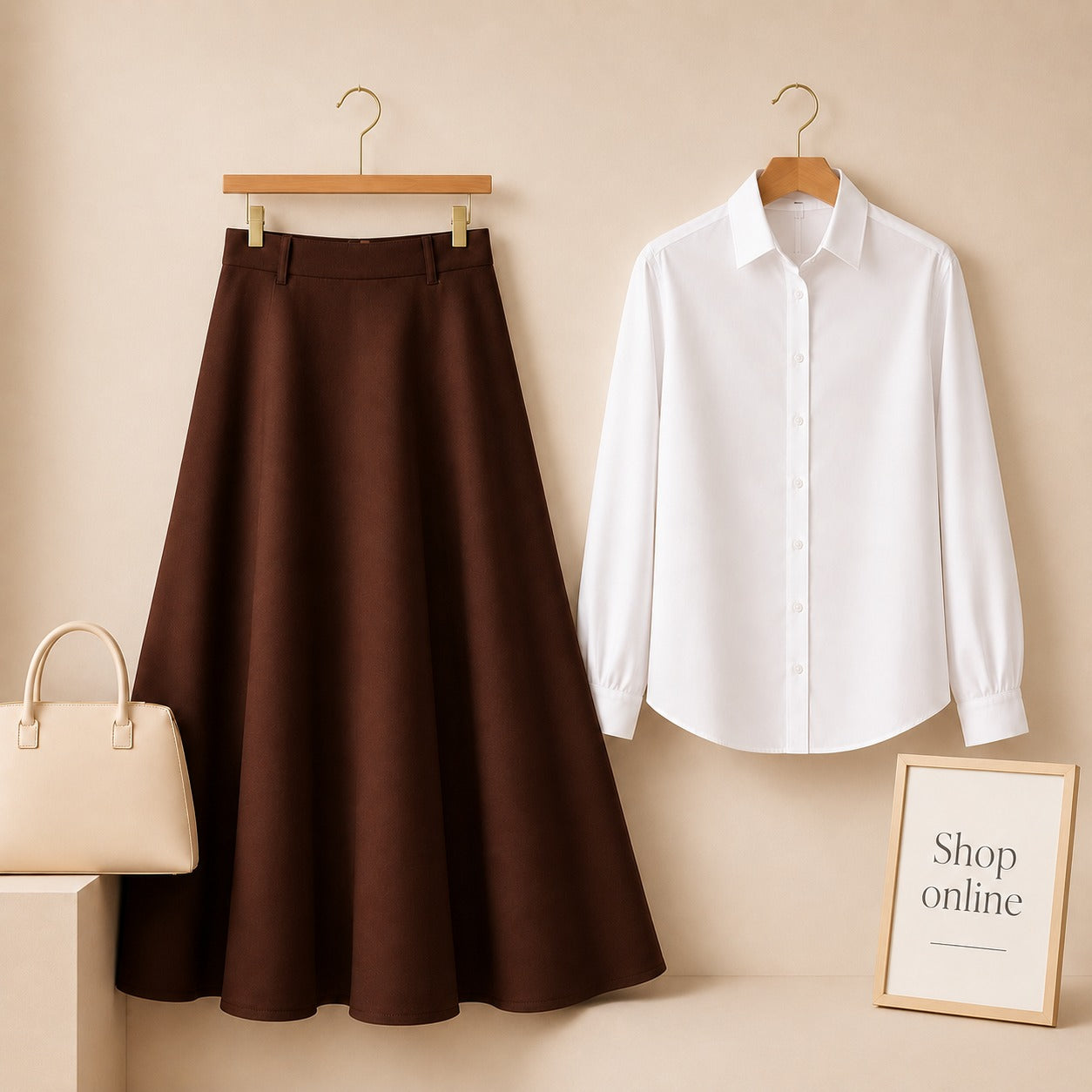 White Button Down Shirt with Brown Cotton Twill Skirt