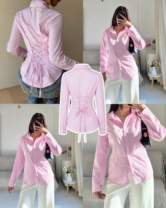 Pink n White Corset Lace-Up Back Stripe Shirt