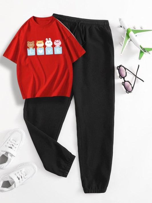 LOVE CARTOON RED TEE WITH BLACK TROUSER