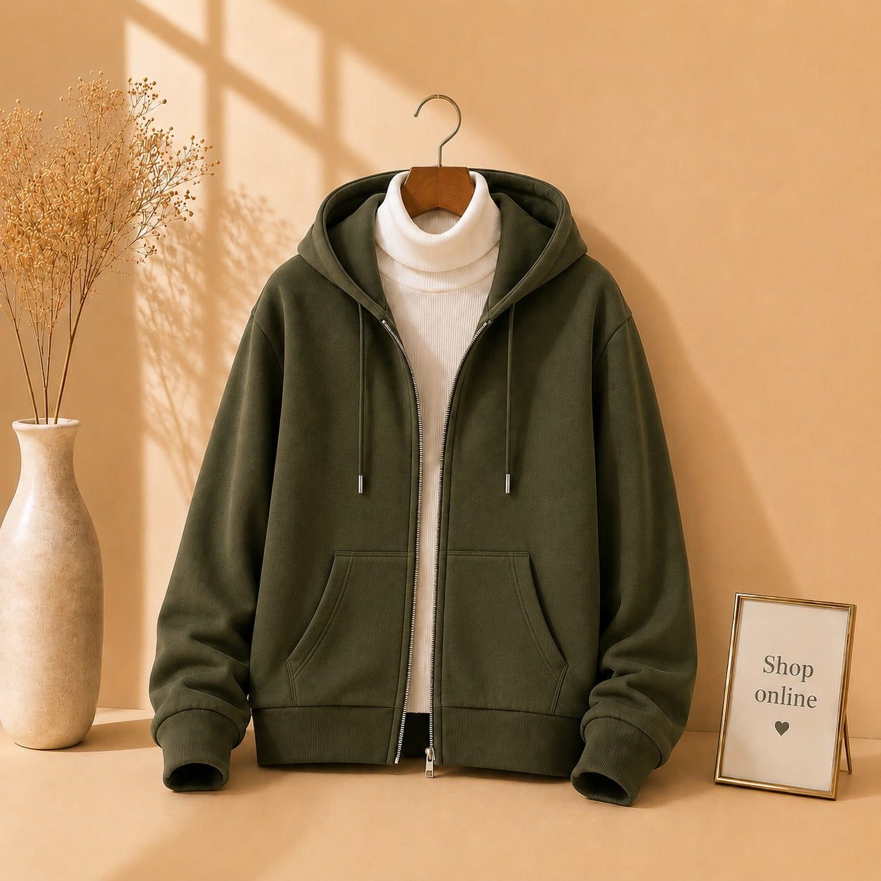 Basic olive Green  Zipper with White Ribknit Highneck