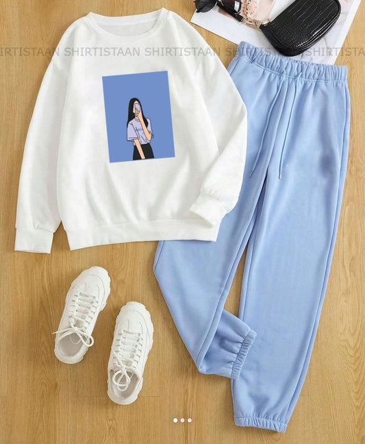 BLUE BACKGROUND GIRL WHITE SWEATSHIRT WITH SKY-BLUE SWEATPANTS