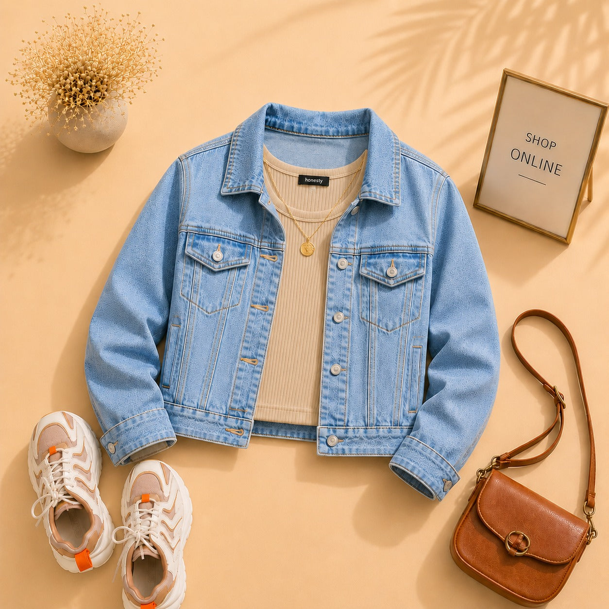 Sky Blue Denim Jacket with Beige Tanktop