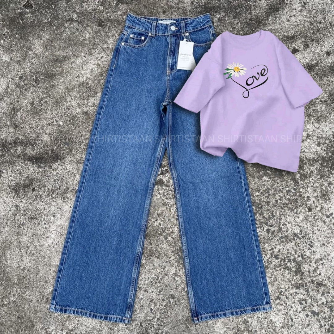 MID BLUE WIDE LEG JEANS WITH LILAC TEE LOVE SUNFLOWER