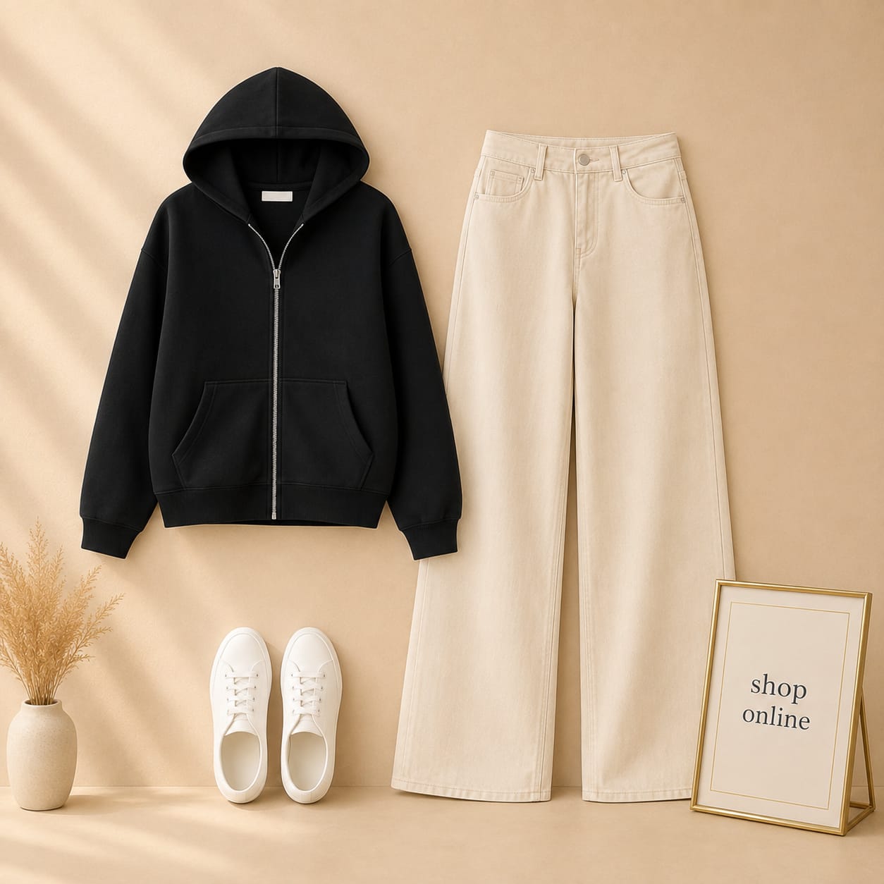 Black Zipper with Beige Wide Leg Jeans