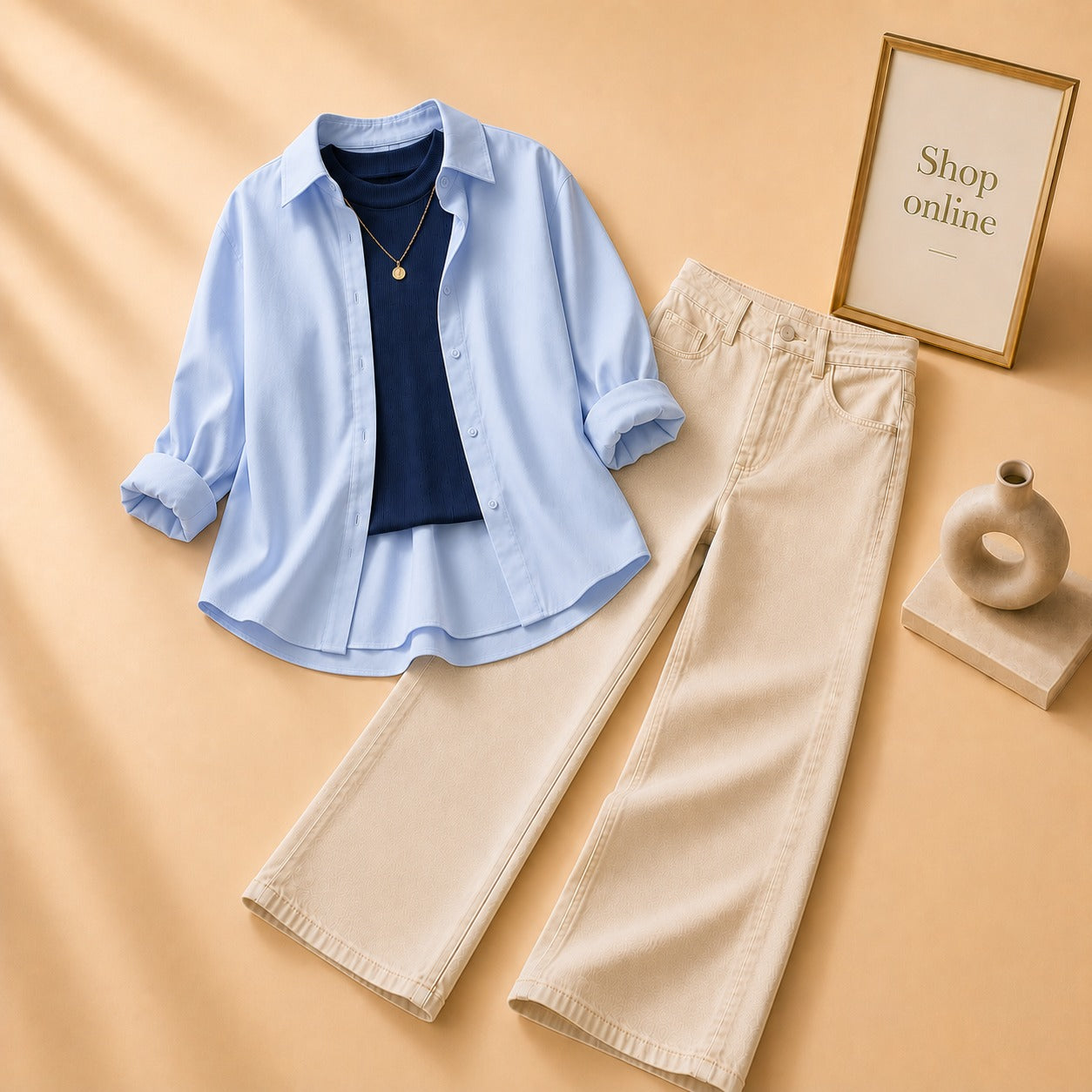 Sky Blue Button Down Shirt with Navy Blue  Tank top and Beige Wide Leg Jeans