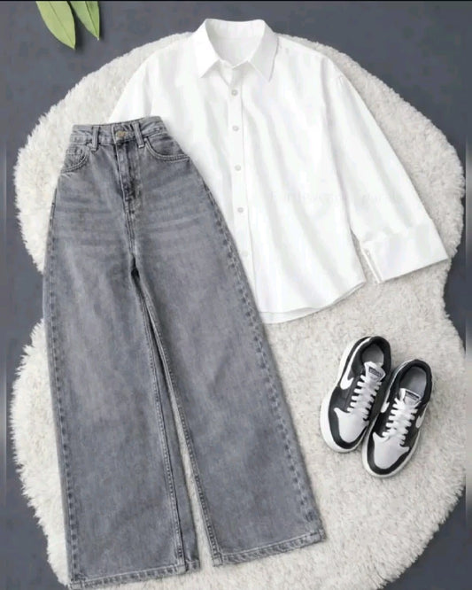 White Button Down Shirt with Greyish  Wide Leg Jeans